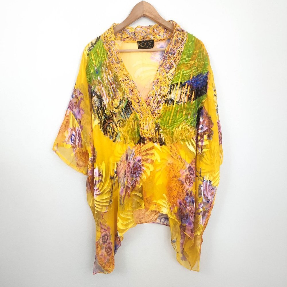 Vintage Koos Van Den Akker Yellow Floral Silk Caftan Poncho One Size
